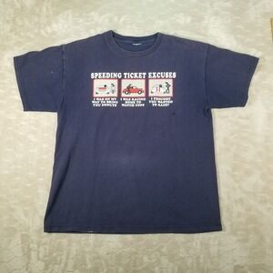 VTG Faded Speeding Ticket Excuses Funny Humor Navy Graphic Print T Shirt Sz L